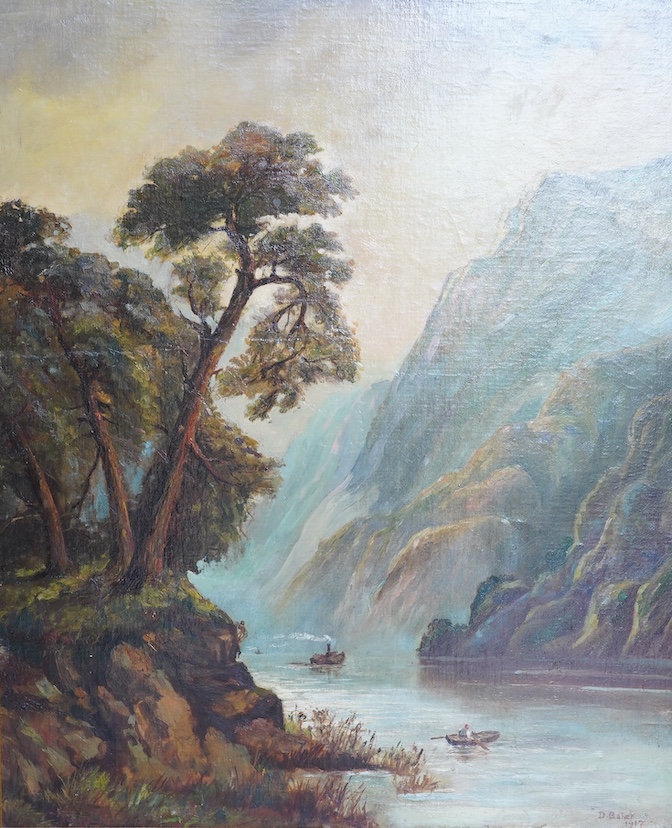 Two English School late 19th / early 20th century oils, comprising Riverscape with figures and Mountainous riverscape, one signed D. Baker and dated 1917, largest 74 x 62cm. Condition - poor to fair